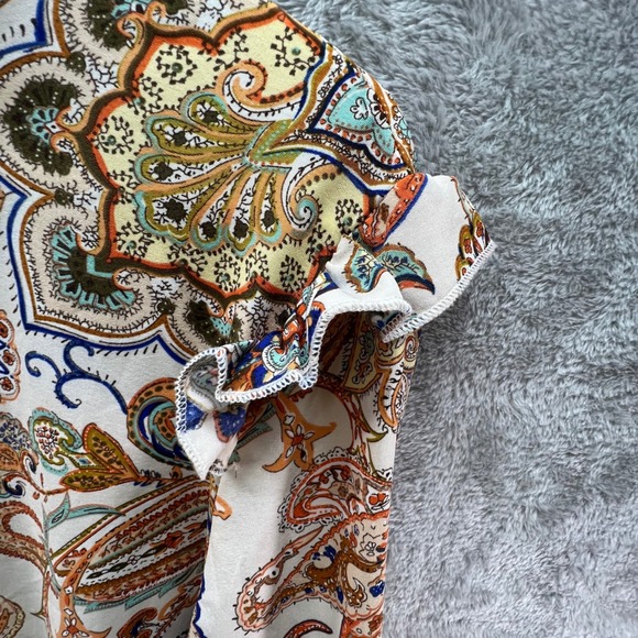 Boho Paisley Mock Neck Mini Dress Long Balloon Sleeve Ruffle Shoulder Babydoll - Picture 5 of 11